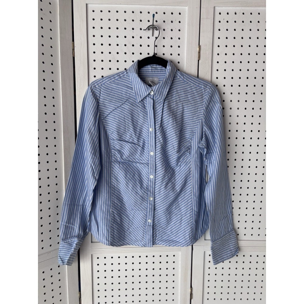 LOFT Women's 6 / Small Blue White Striped Long SLV‎ Button Down Oxford Shirt